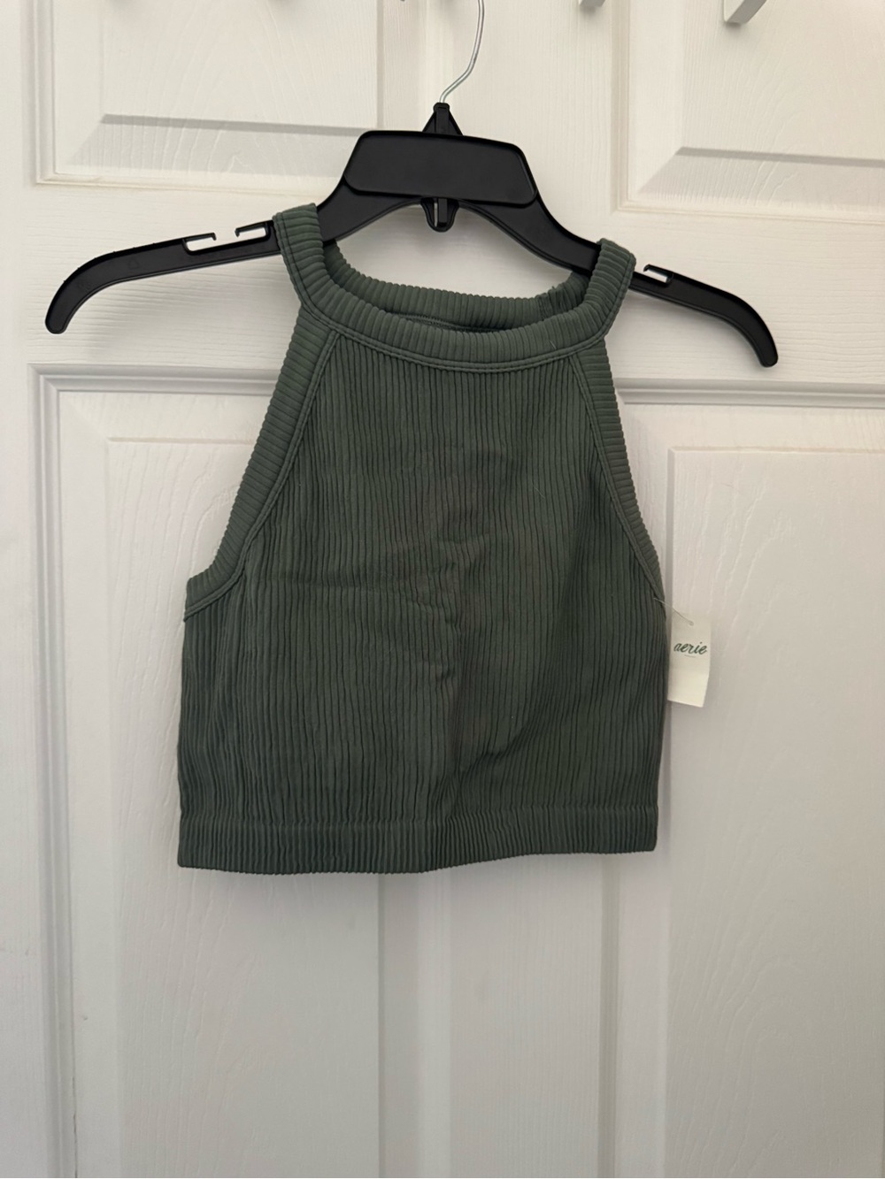 aerie Ribbed High-Neck Crop Bra Top in Green